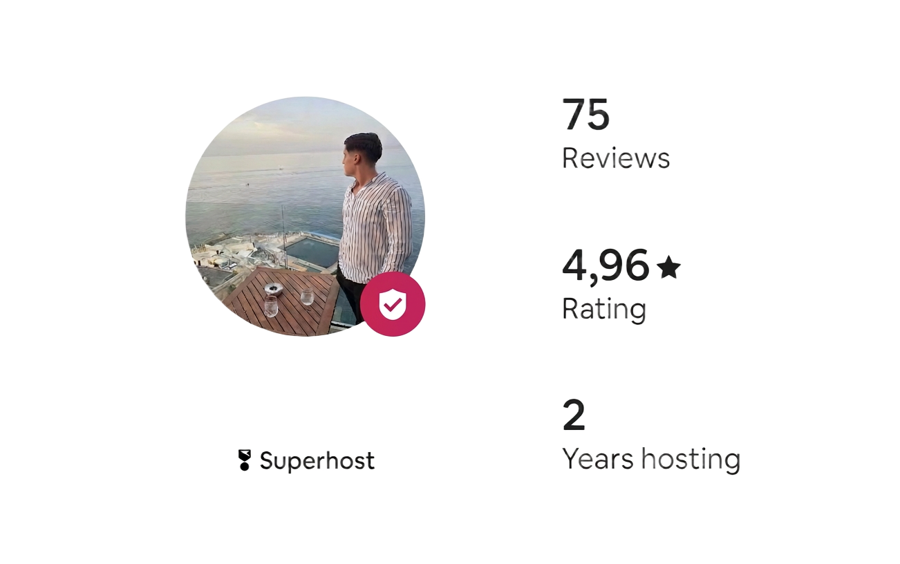 Original Airbnb Superhost profile card — 75 reviews, 4.96 star rating, 2 years hosting